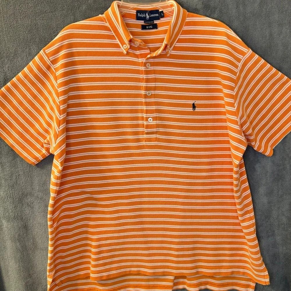 Ralph Lauren Mens Big Large Waffle Knit Polo Orange White Striped Shirt